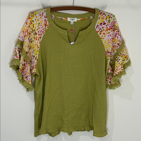 NWT UMGEE Linen Blend Mixed Print Lime Green Top Size Large - Picture 2 of 16